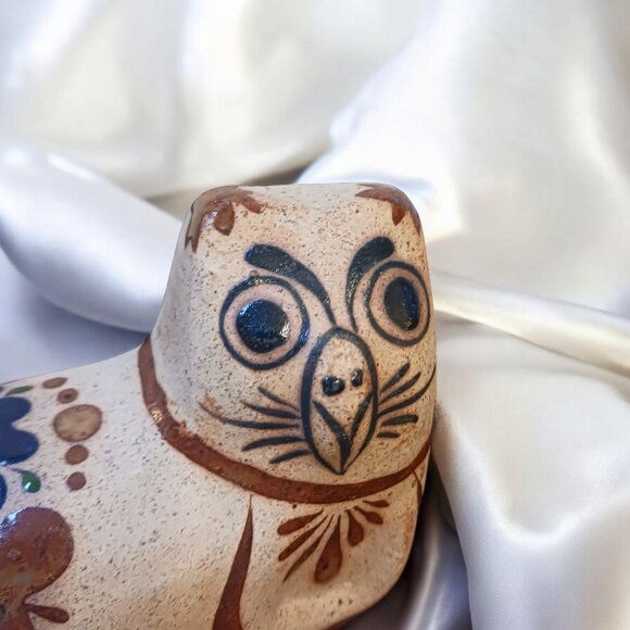 Boho Vintage Handpainted Mexican Tonalá Pottery Owl Figurine Art - Picture 2 of 13